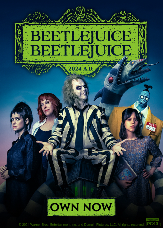 Beetlejuice and various characters from the movie sitting on the house.