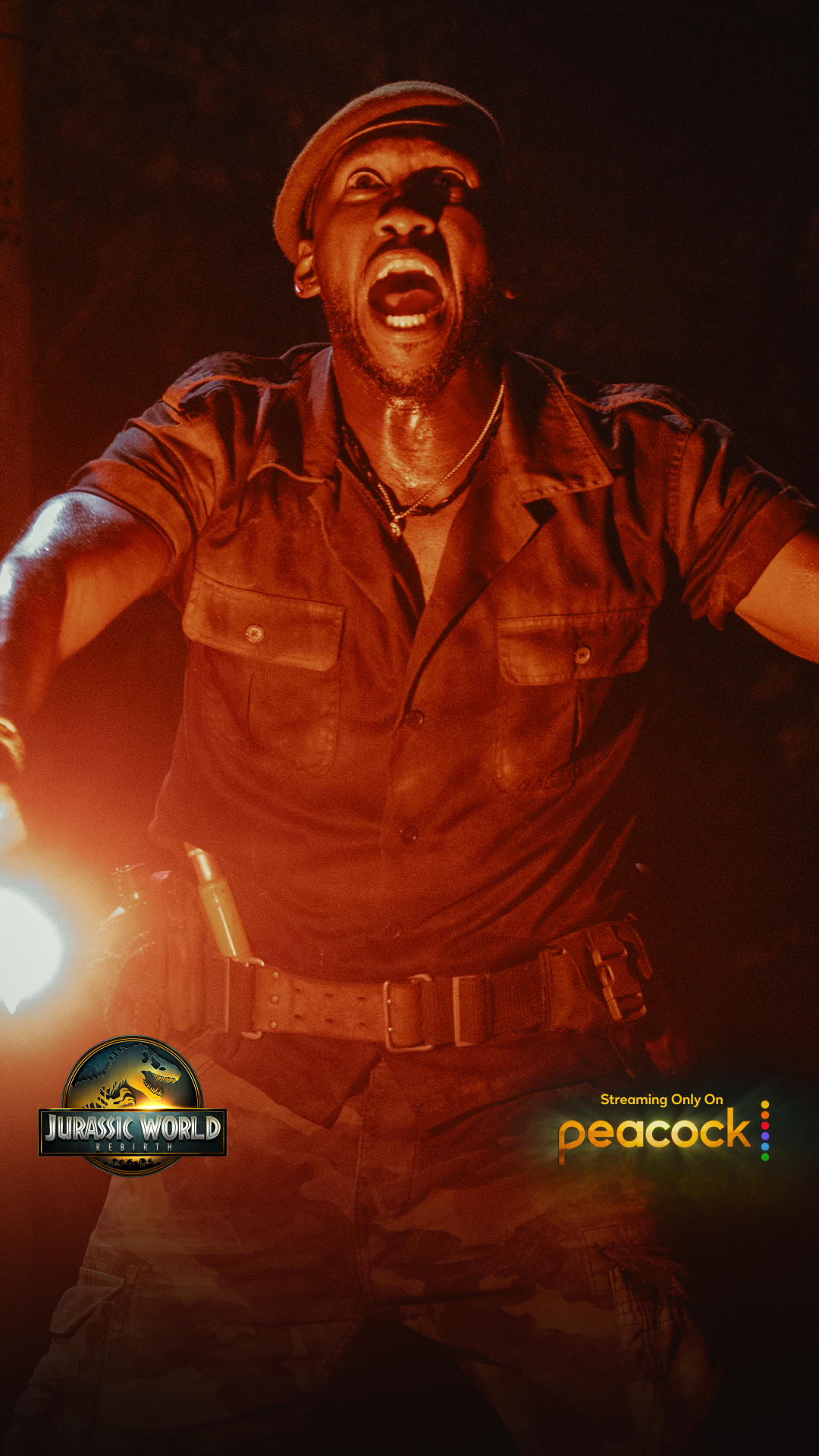 Jurassic-World-Rebirth-Peacock actor holding flare