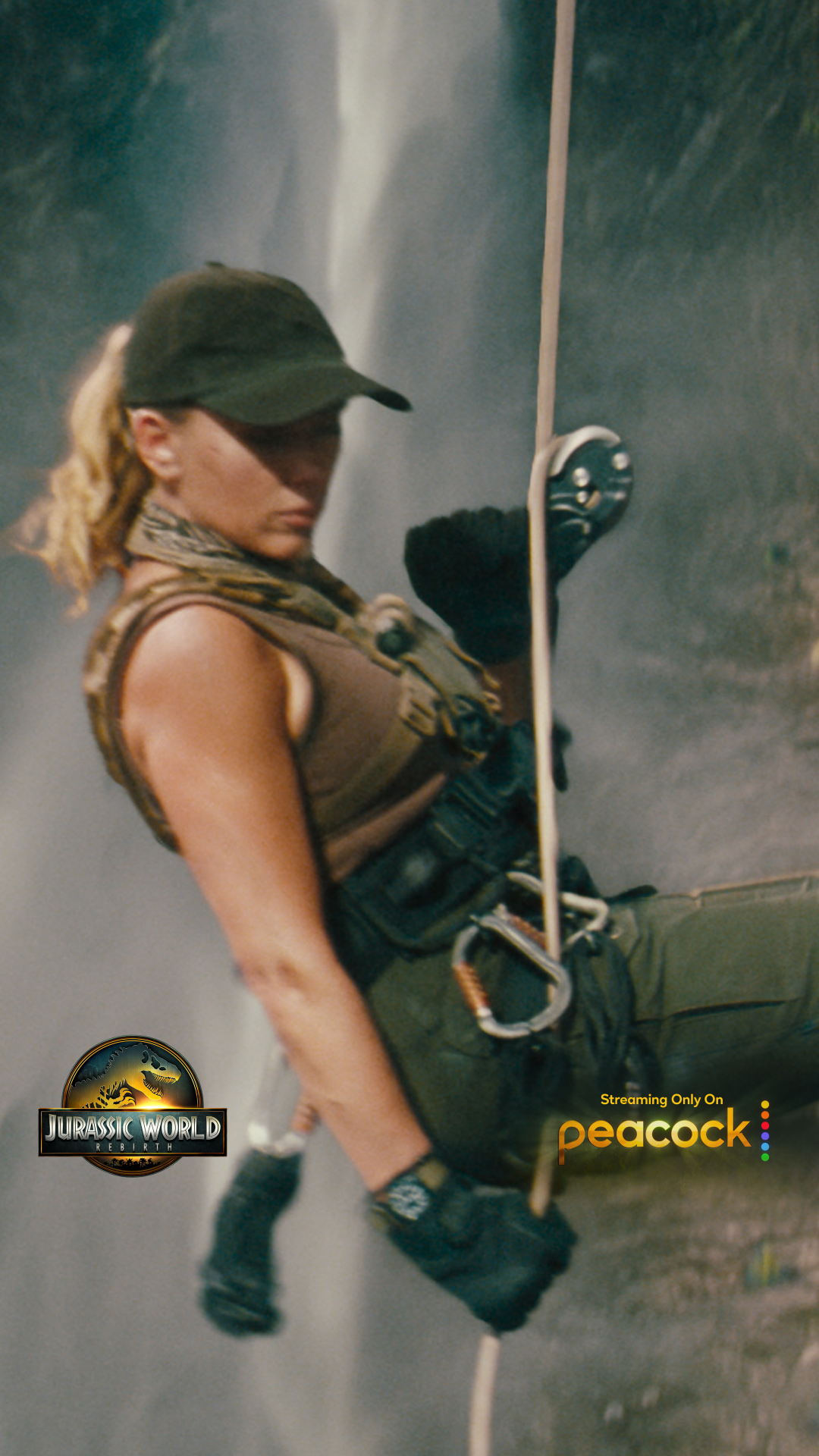 Jurassic-World-Rebirth-Peacock scarlett johansson repelling down cliff